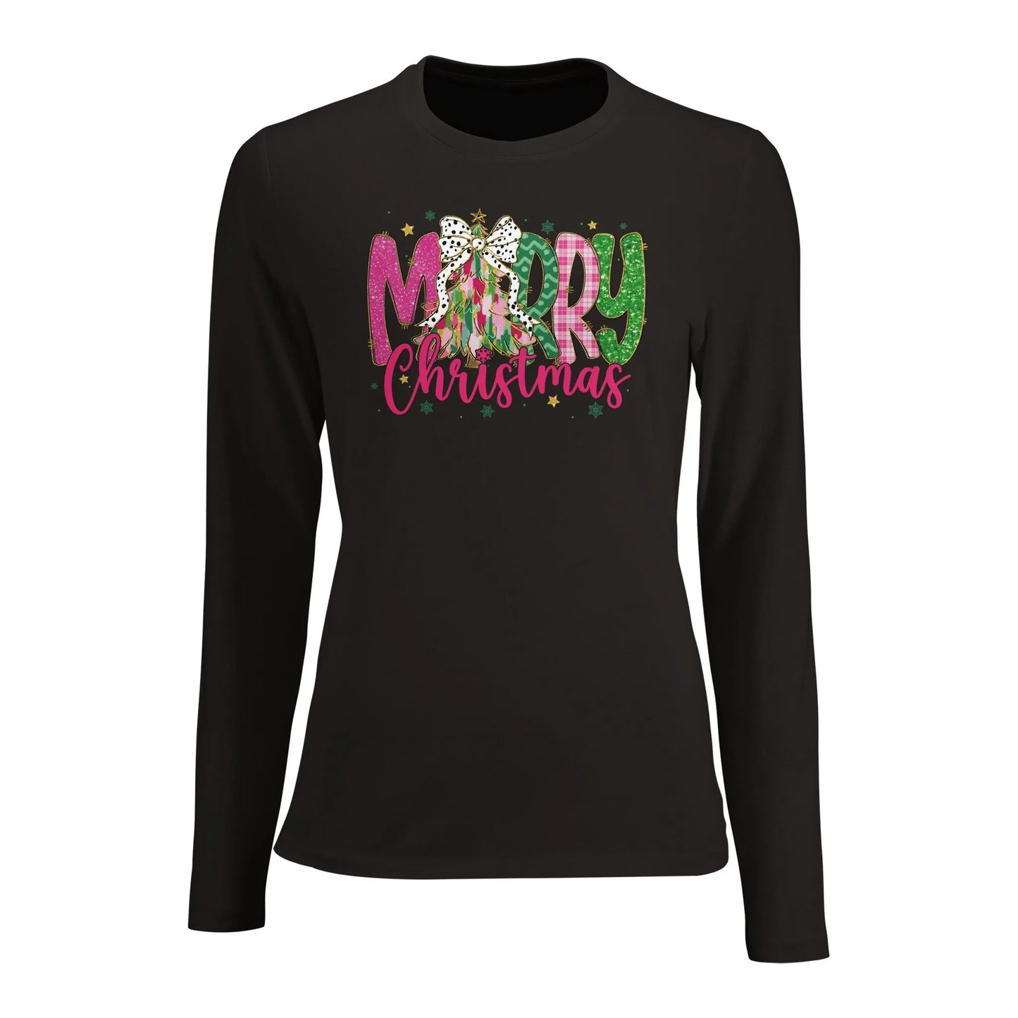 Tailliertes Damen Langarm-T-Shirt für Damen mit Merry Christmas Aufdruck - mit pink grün gold schwarz - Deep Black