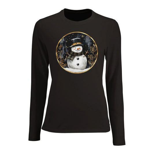 Tailliertes Damen Langarm-T-Shirt für Damen mit Schneemann - gold schwarz weiß - Deep Black