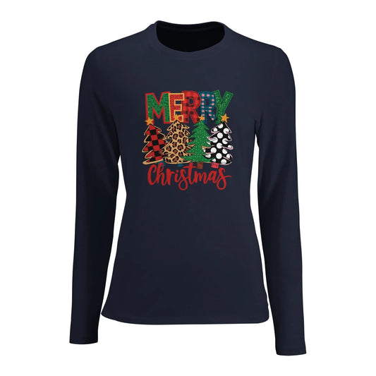Tailliertes Damen Langarm-T-Shirt für Damen mit Merry Christmas Aufdruck und Christbäume - in vielen Farben und - French Navy