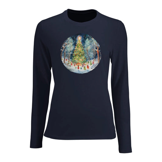 Tailliertes Damen Langarm-T-Shirt mit Christbaum - weihnachtlicher Pint mit tollen Farben - French Navy