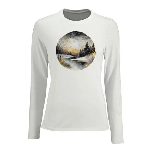 Tailliertes Damen Langarm-T-Shirt mit winterlichem Flusslauf und weihnachtliche Sterne - elegantes Motiv - grau weiß gold schwarz - Weiß