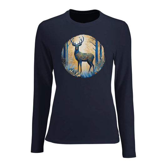 Tailliertes Damen Langarm-T-Shirt mit Hirsch als elegantem Aufdruck - blau weiß gold - French Navy