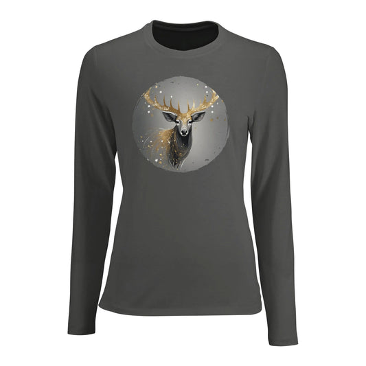 Tailliertes Damen Langarm-T-Shirt mit Hirsch als elegantem Aufdruck - grau weiß gold - charcoal melange