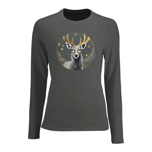 Tailliertes Damen Langarm-T-Shirt mit Hirsch als elegantem Aufdruck - grau weiß gold schwarz - charcoal melange