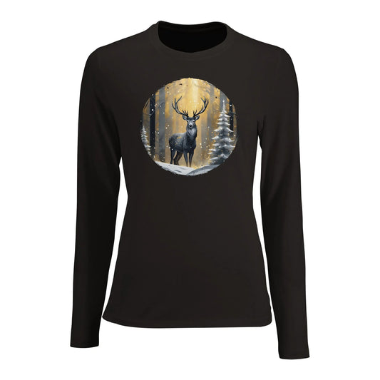 Tailliertes Damen Langarm-T-Shirt mit Hirsch als elegantem Aufdruck - grau weiß gold schwarz - Deep Black