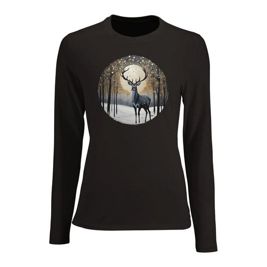 Tailliertes Damen Langarm-T-Shirt mit Hirsch vor Vollmond - grau weiß gold schwarz - Deep Black