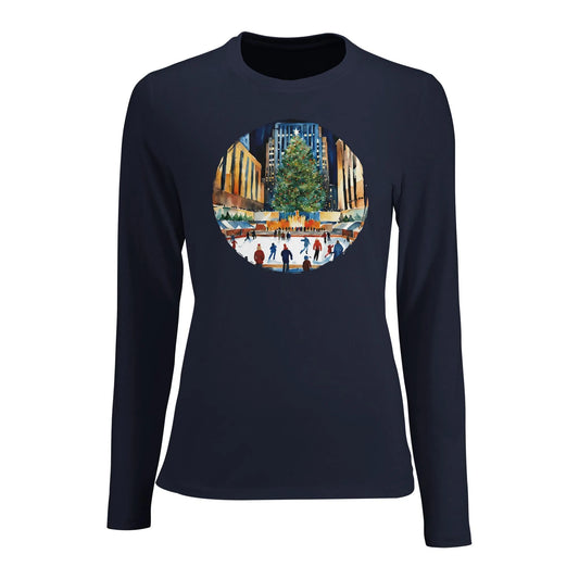 Tailliertes Damen Langarm-T-Shirt mit tollem Print Motiv für Weihnachten - Eislaufen in New York - viele Farben und Größen - French Navy