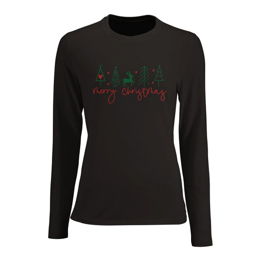 Tailliertes Damen Langarm-T-Shirt mit Print für Weihnachten - Hirsche, Bäume, Herz und Merry Christmas - viele Farben und Größen - Deep Black