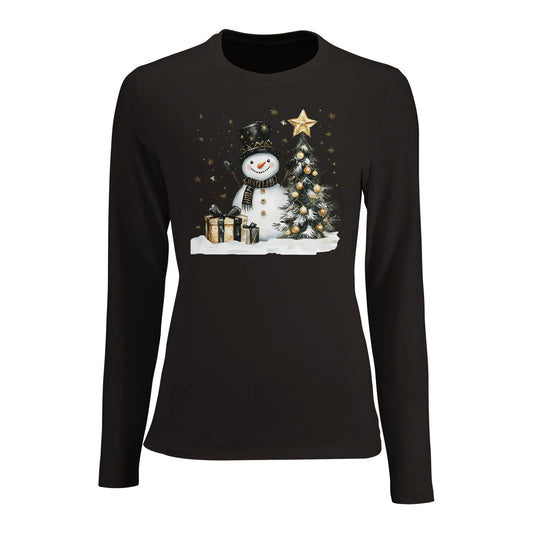 Tailliertes Damen Langarm-T-Shirt mit Schneemann, Christbaum und Geschenke - Deep Black