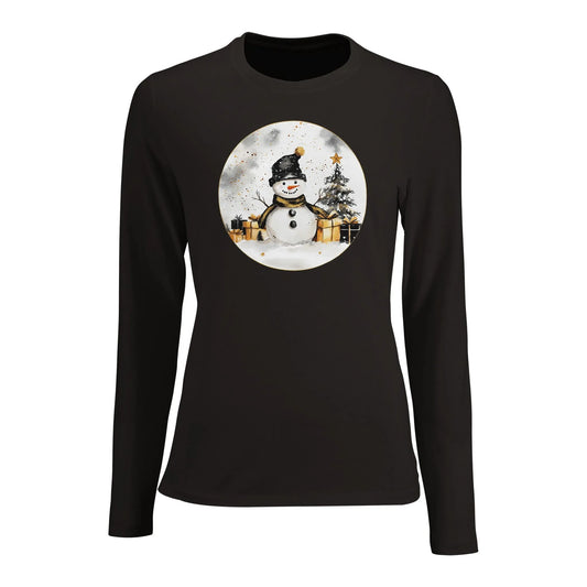 Tailliertes Damen Langarm-T-Shirt mit Schneemann, Christbaum und Geschenke - schwarz weiß gold - Deep Black