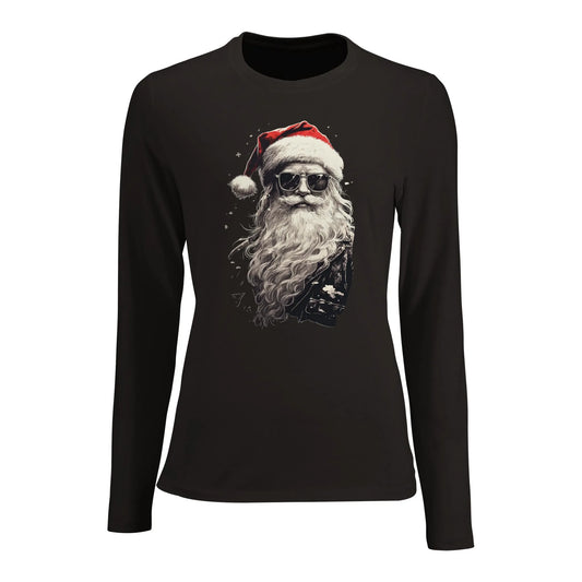 Tailliertes Damen Langarm-T-Shirt mit Weihnachtsmann in schwarz weiß rot - rockiger Aufdruck zu Weihnachten - 2XL