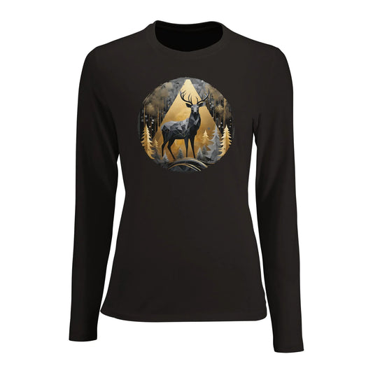 Tailliertes Damen Langarm-T-Shirt mit Hirsch als elegantem Aufdruck - schwarz grau weiß gold - Deep Black