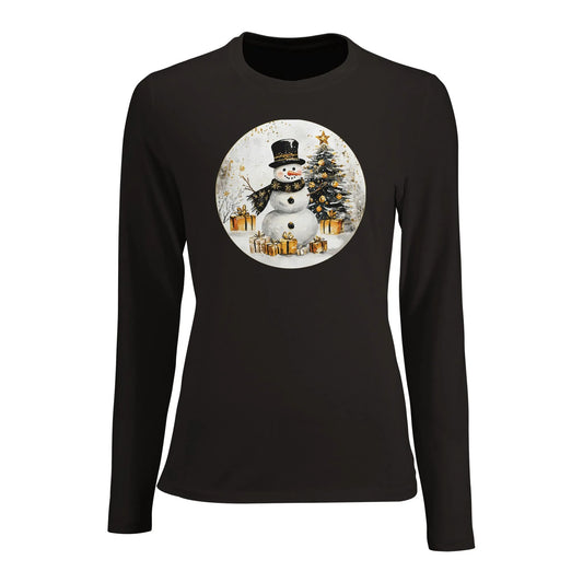 Tailliertes Damen Langarm-T-Shirt mit Schneemann, Christbaum und Geschenke - schwarz weiß gold - Deep Black