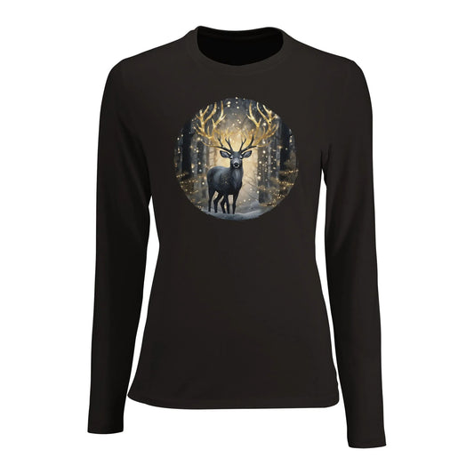 Tailliertes Damen Langarm-T-Shirt mit Hirsch im elegantem Druck - schwarz weiß gold - Deep Black