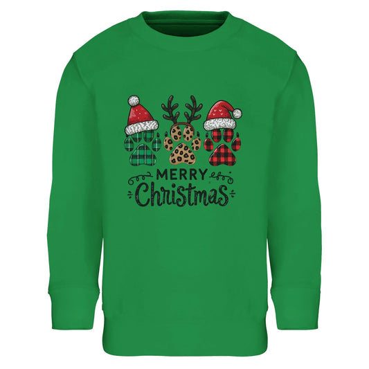 Unisex Kinder Sweatshirt mit weihnachtlichen Hundepfoten und Merry Christmas - hübscher Print für Weihnachten und Winter - 4 bis 14 Jahre – in vielen Farben und Größen - Kelly Green
