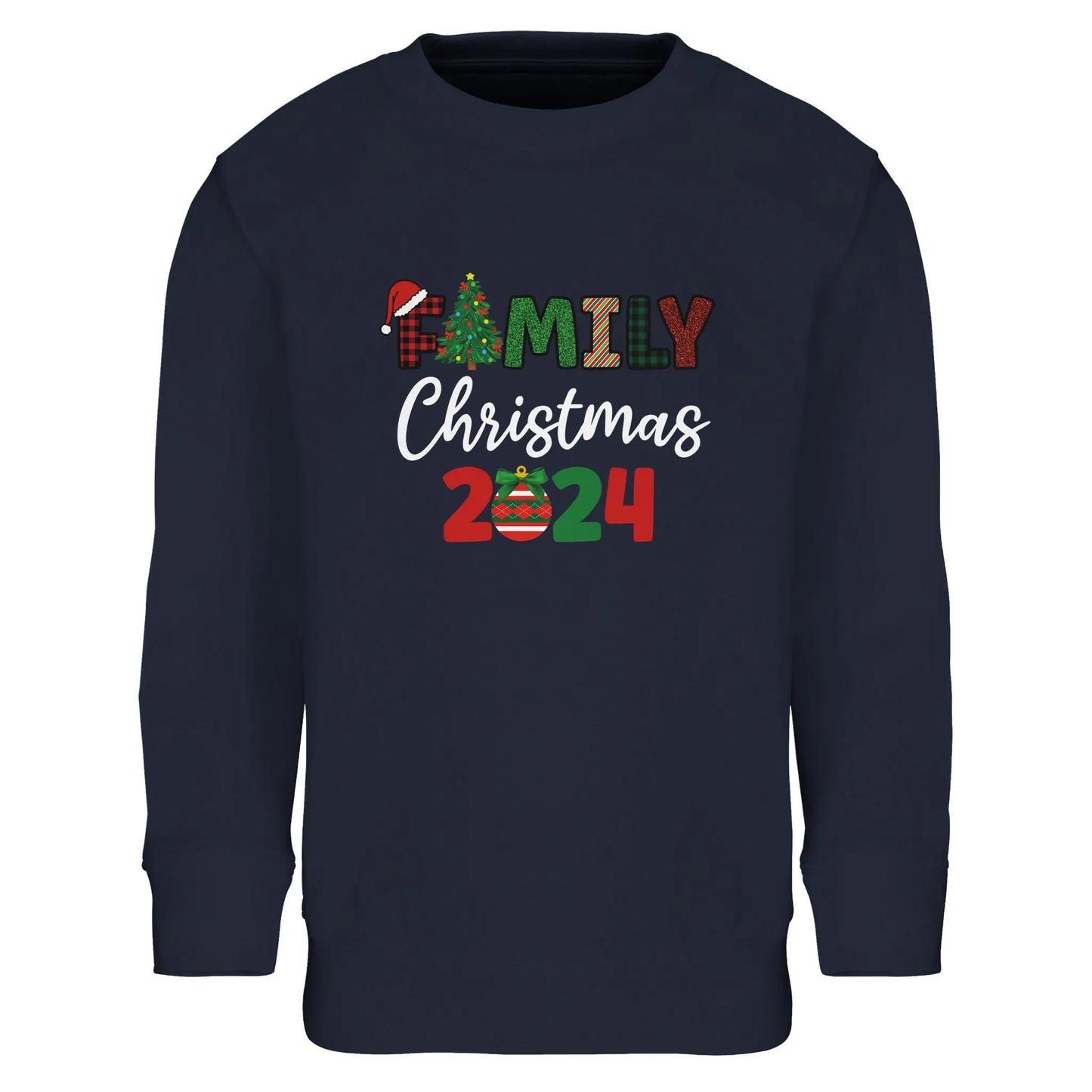 Unisex Kinder Sweatshirt mit Christbaum und Weihnachtskugel - Familiy Christmas 2024 - hübscher Print für Weihnachten und Winter - 4 bis 14 Jahre – in vielen Farben und Größen - French Navy