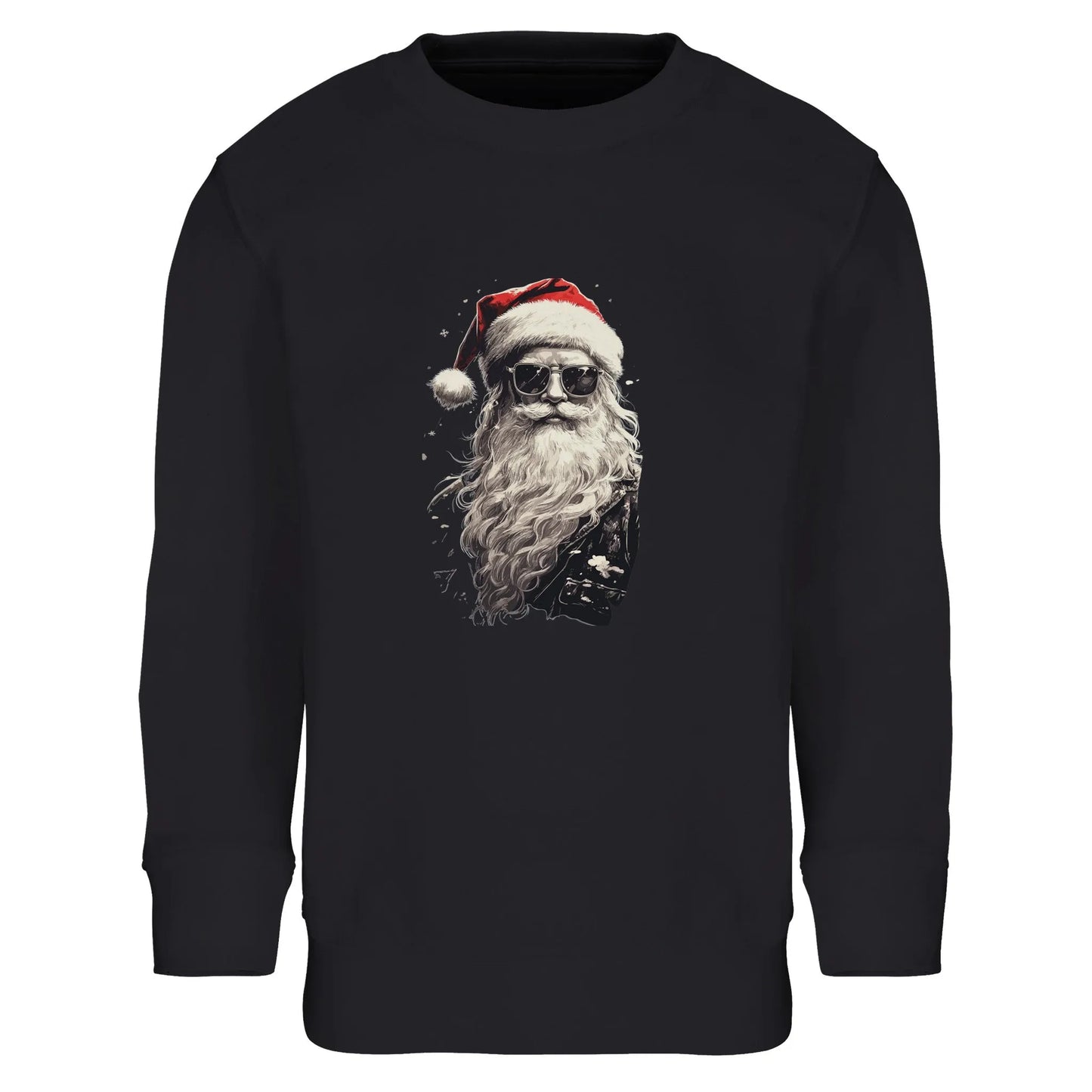Unisex Kinder Sweatshirt mit Weihnachtsmann in schwarz weiß und roter Mütze - Portrait Print für Weihnachten und Winter – gebürsteter Sweater - 4 bis 14 Jahre -