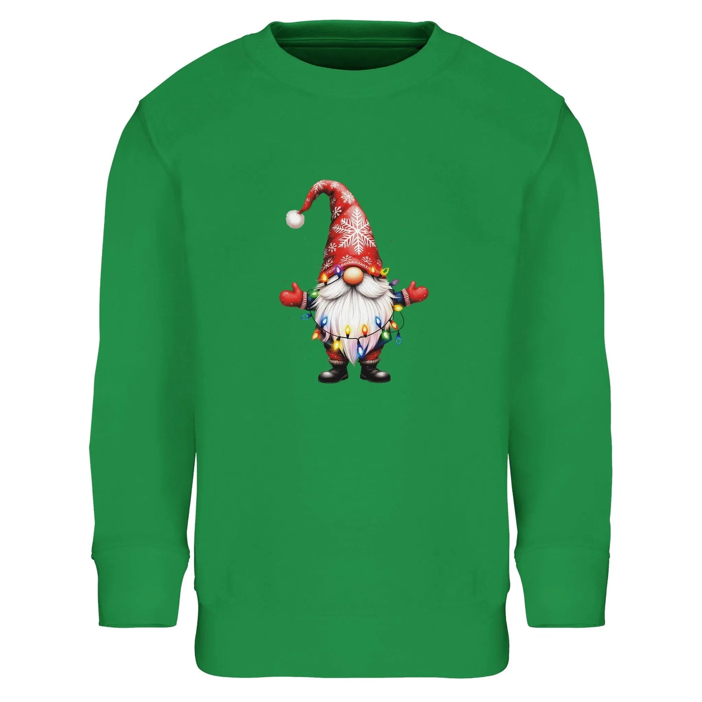 Unisex Kinder Sweatshirt mit süßem Gnom mit Lichterkette - Print für Weihnachten und Winter - 4 bis 14 Jahre - viele verschiedene Farben - Kelly Green