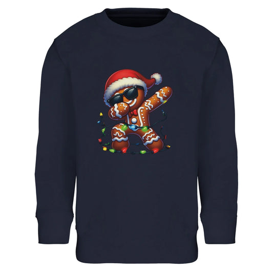Unisex Kinder Sweatshirt mit tanzendem Keks mit Weihnachtsmütze - Aufdruck für Weihnachten und Winter - 4 bis 14 Jahre - viele verschiedene Farben - French Navy