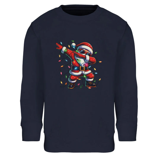 Unisex Kinder Sweatshirt mit tanzendem Weihnachtsmann mit Lichterkette - Aufdruck für Weihnachten und Winter - 4 bis 14 Jahre - viele verschiedene Farben - French Navy