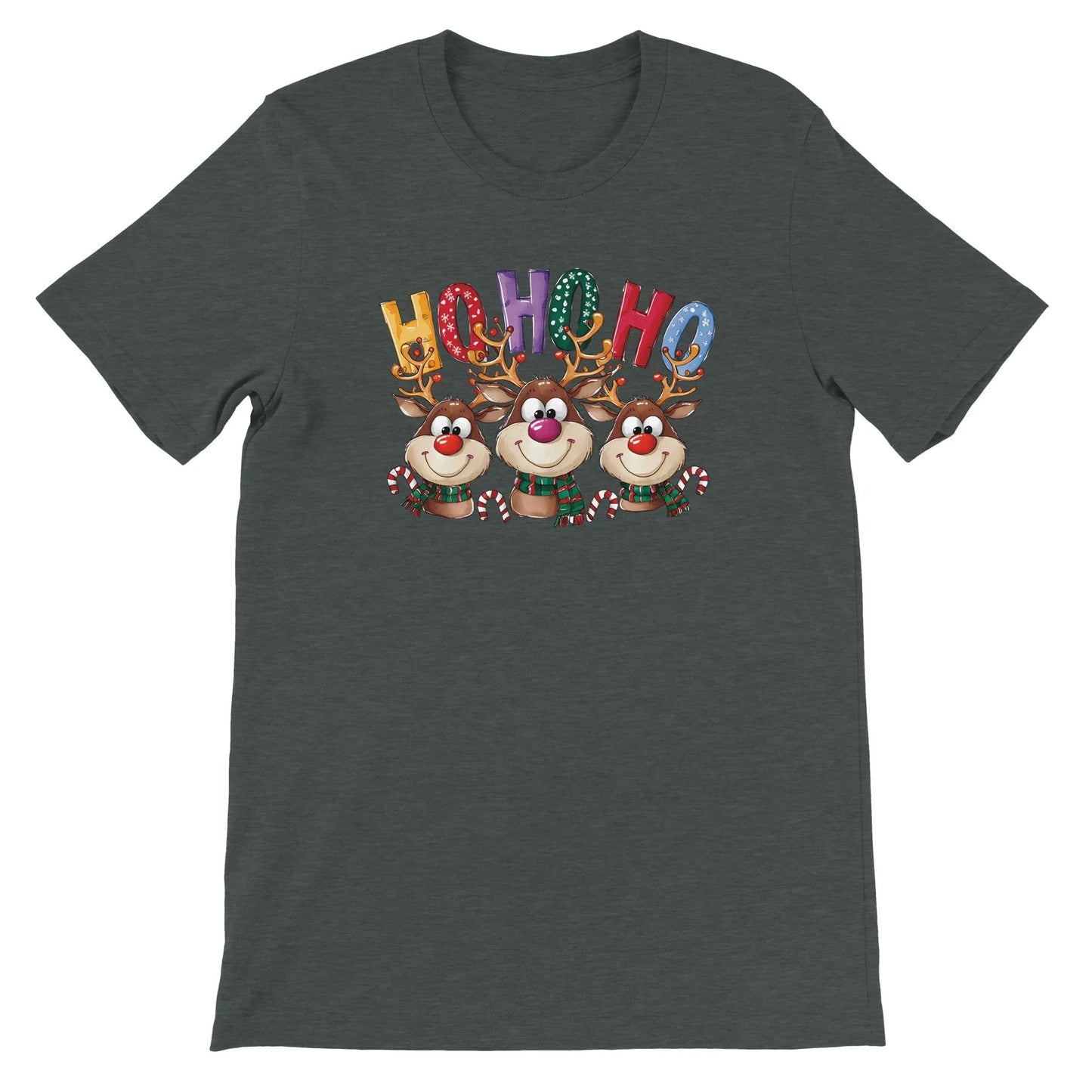 Unisex Kurzarm T-Shirt mit Ho Ho Ho Elche Spruch - Print für Weihnachten und Winter - leicht tailliert – viele Farben und große Größen für Damen - Dark Grey Heather