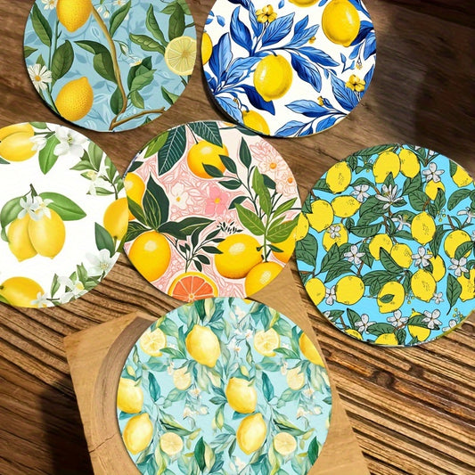 6er-Set Holzuntersetzer mit Zitronenmuster – hitzebeständig & rutschfest - perfekt für Frühling und Sommer