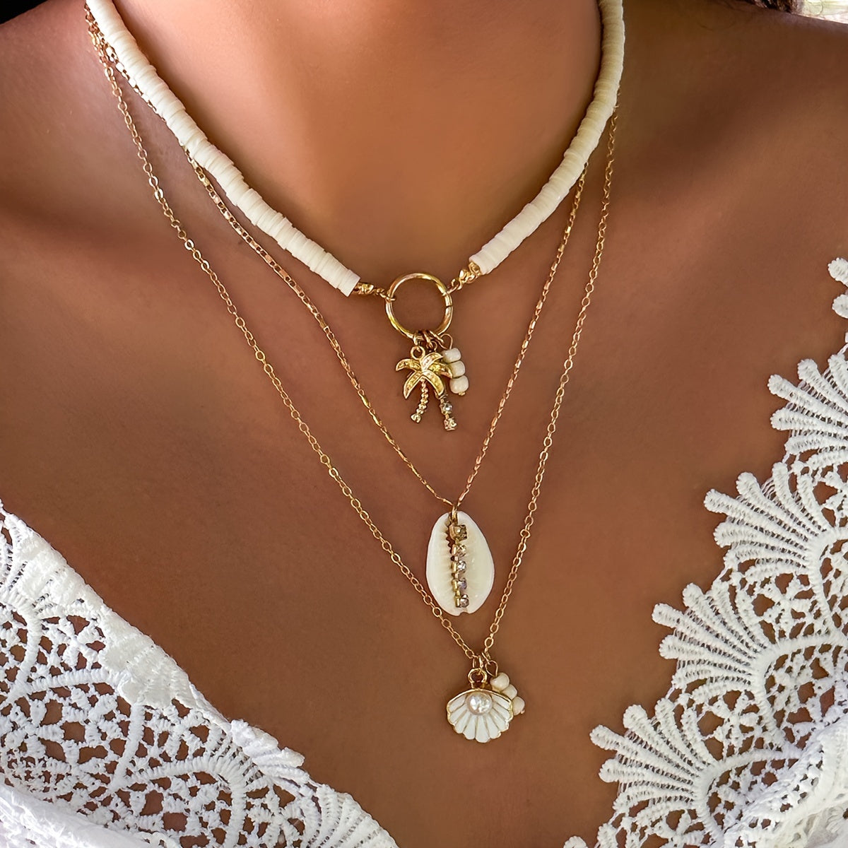 3er-Set Damen Boho Halsketten mit Muscheln, Palme und Perlen – sommerlicher Schmuck für Frauen mit Weiß- oder Türkisakzent