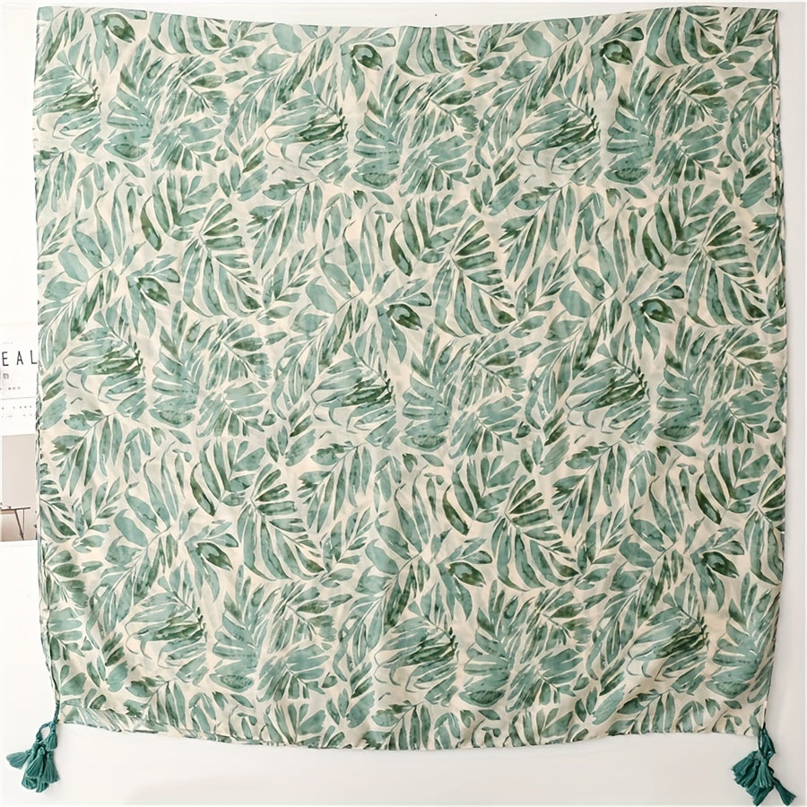 Großer Damen Schal mit bezauberndem Blättermotiv in hübschen Grün-Töne - 85 × 185 cm - mit Bananenblatt-Print in Mint/Petrol sowie pfiffige Fransen - 100 % Polyester