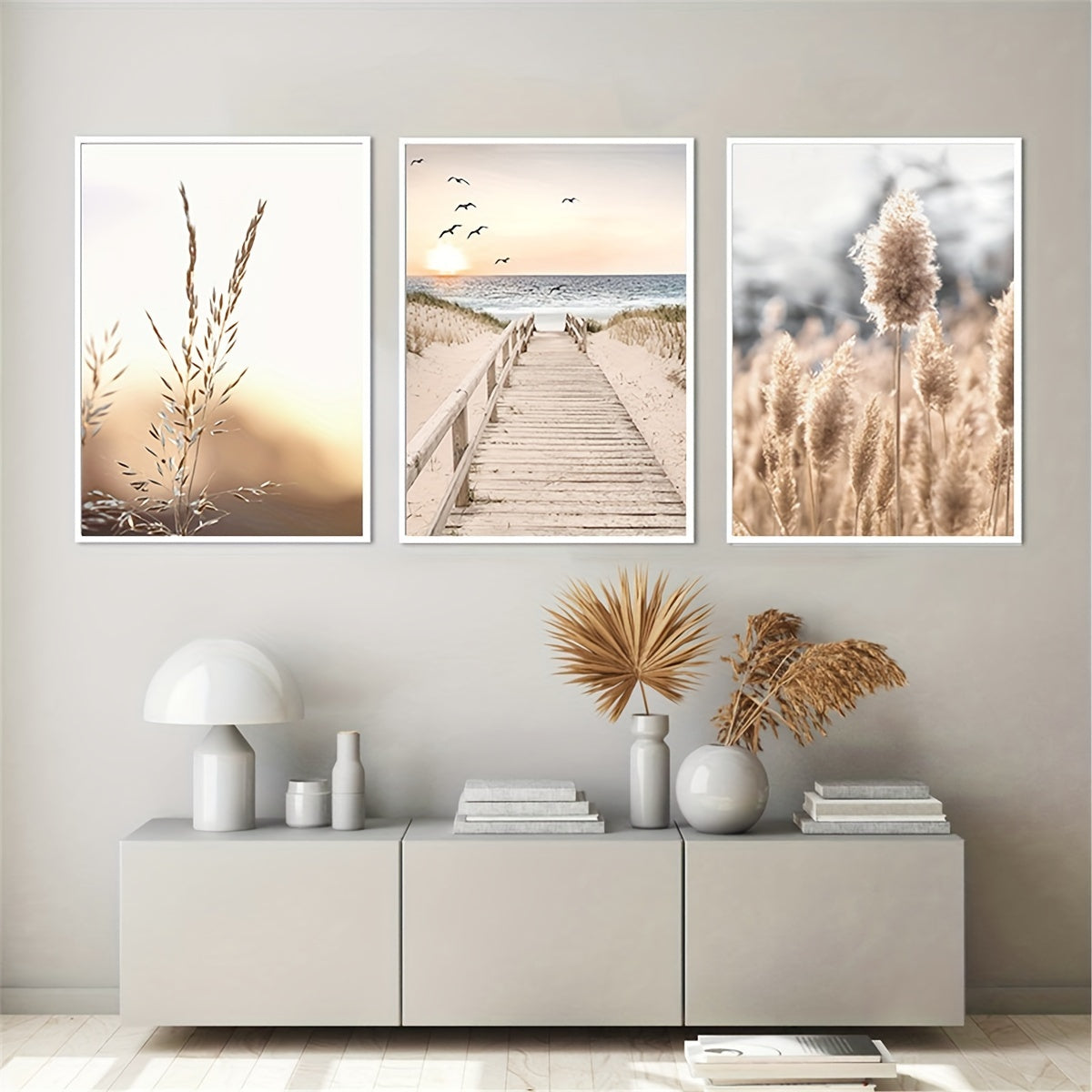 3er-Set rahmenlose Leinwanddruck Bilder im Boho Nature Stil – Modernes Wanddeko-Poster mit Grashalm, Meerblick & Pampasgras auf Leinwand ohne Rahmen