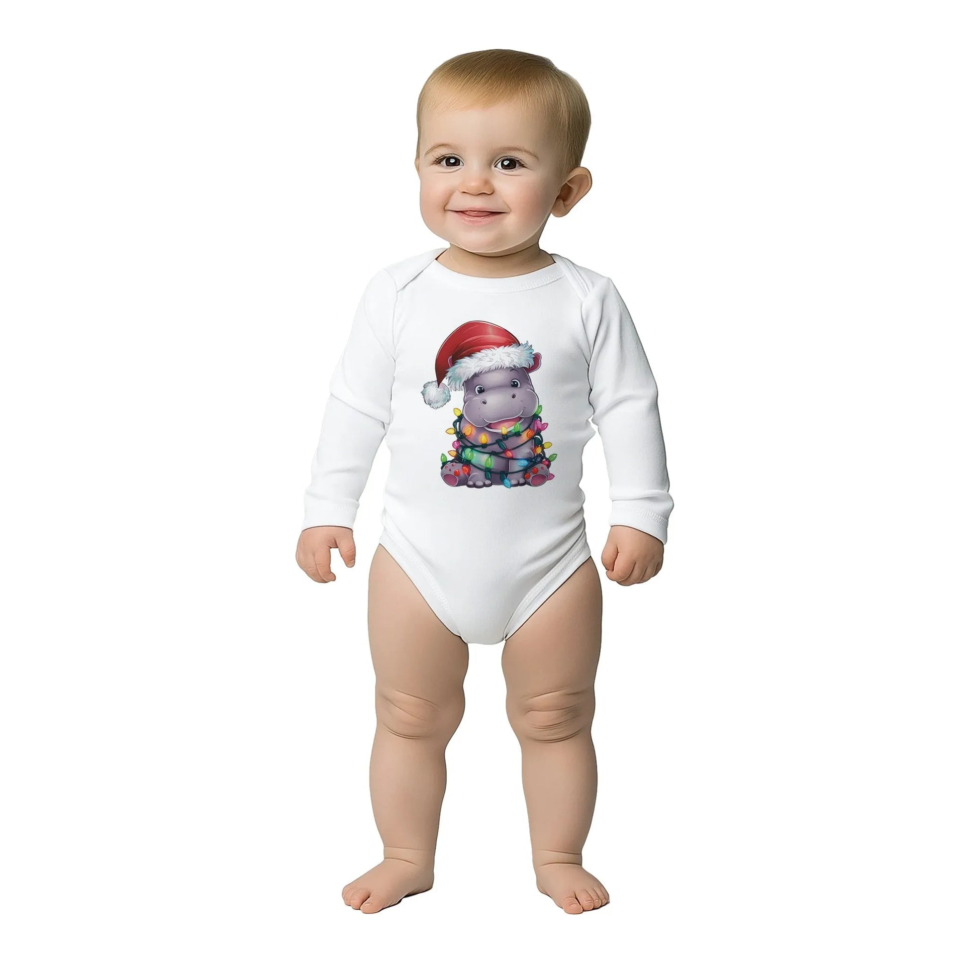 Baby Langarm Body für Weihnachten - Aufdruck Nilpferd mit Santa Claus Mütze und Lichterkette - 100% Baumwolle - Größe bis 18 Monat bzw. 86 - Winter Body mit Muster -