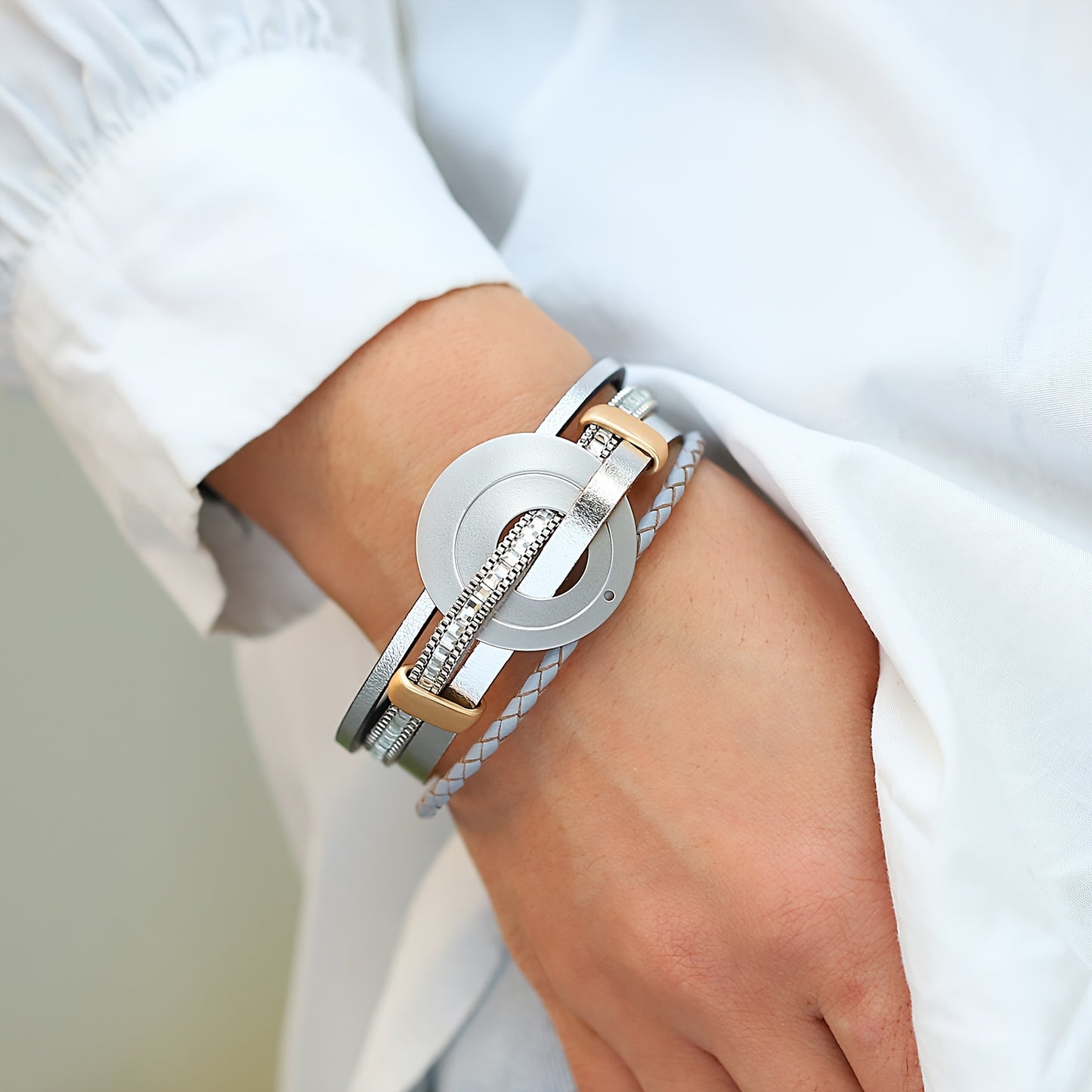 4-teiliges Damen Kunstleder Armband mit Kristallperlen & Goldfarbenem Rundanhänger - 19,2cm lang - in drei tollen Farbrichtungen