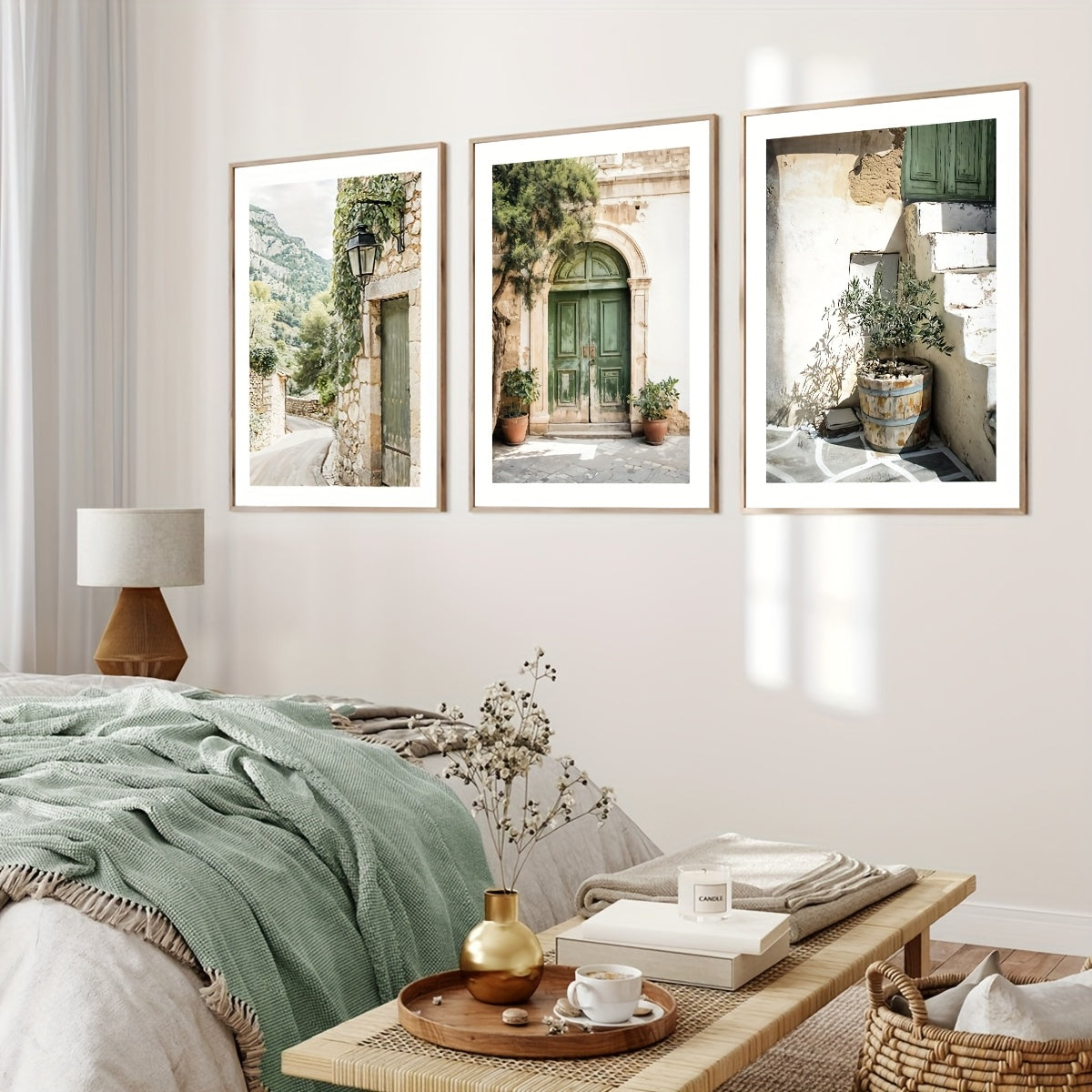 3-teiliges Boho Leinwand Poster Set mit Olivenbaum & Türen in angesagten Grün-, Grau- und Braun-Töne  – sommerliche mediterane Wandkunst ohne Rahmen