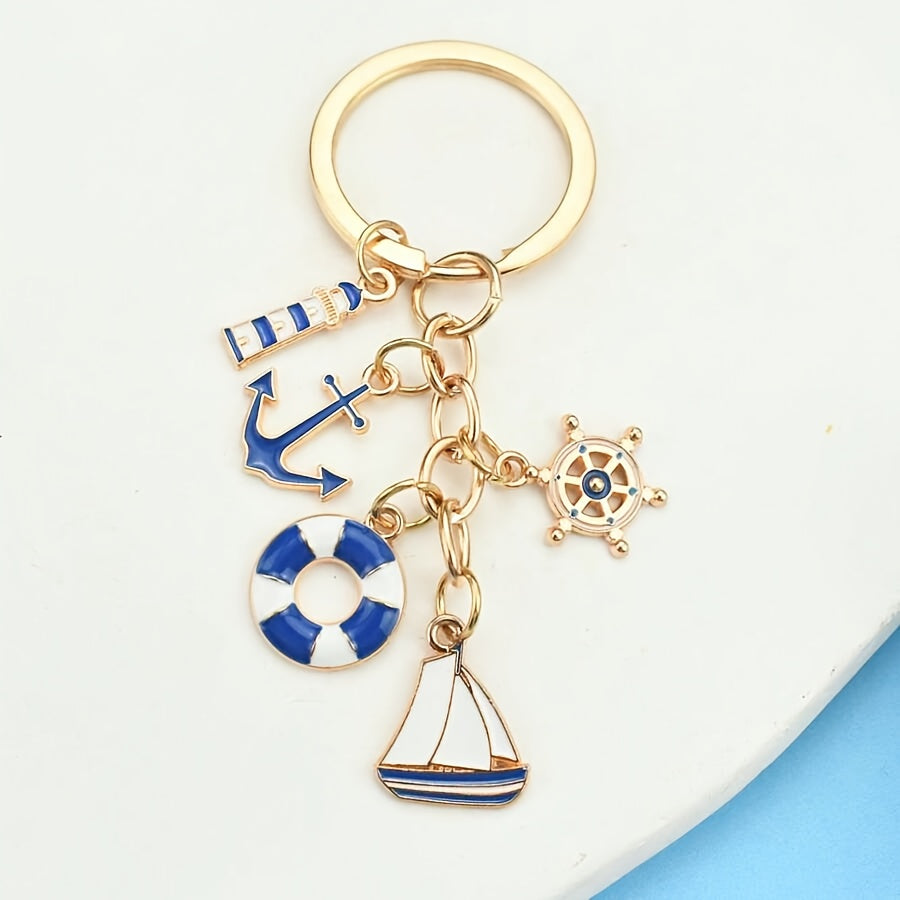Sommerlicher Schlüsselanhänger im maritimen Stil – 8,2cm hoher Anhänger mit Anker, Rettungsring & Leuchtturm aus hochwertiger Legierung