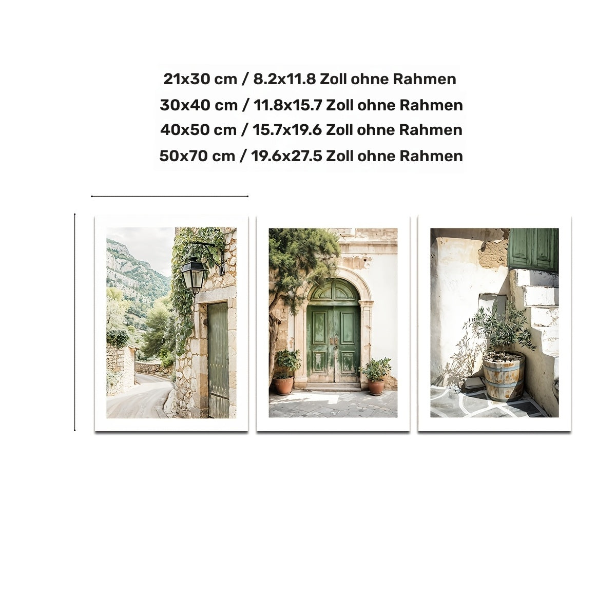 3-teiliges Boho Leinwand Poster Set mit Olivenbaum & Türen in angesagten Grün-, Grau- und Braun-Töne  – sommerliche mediterane Wandkunst ohne Rahmen