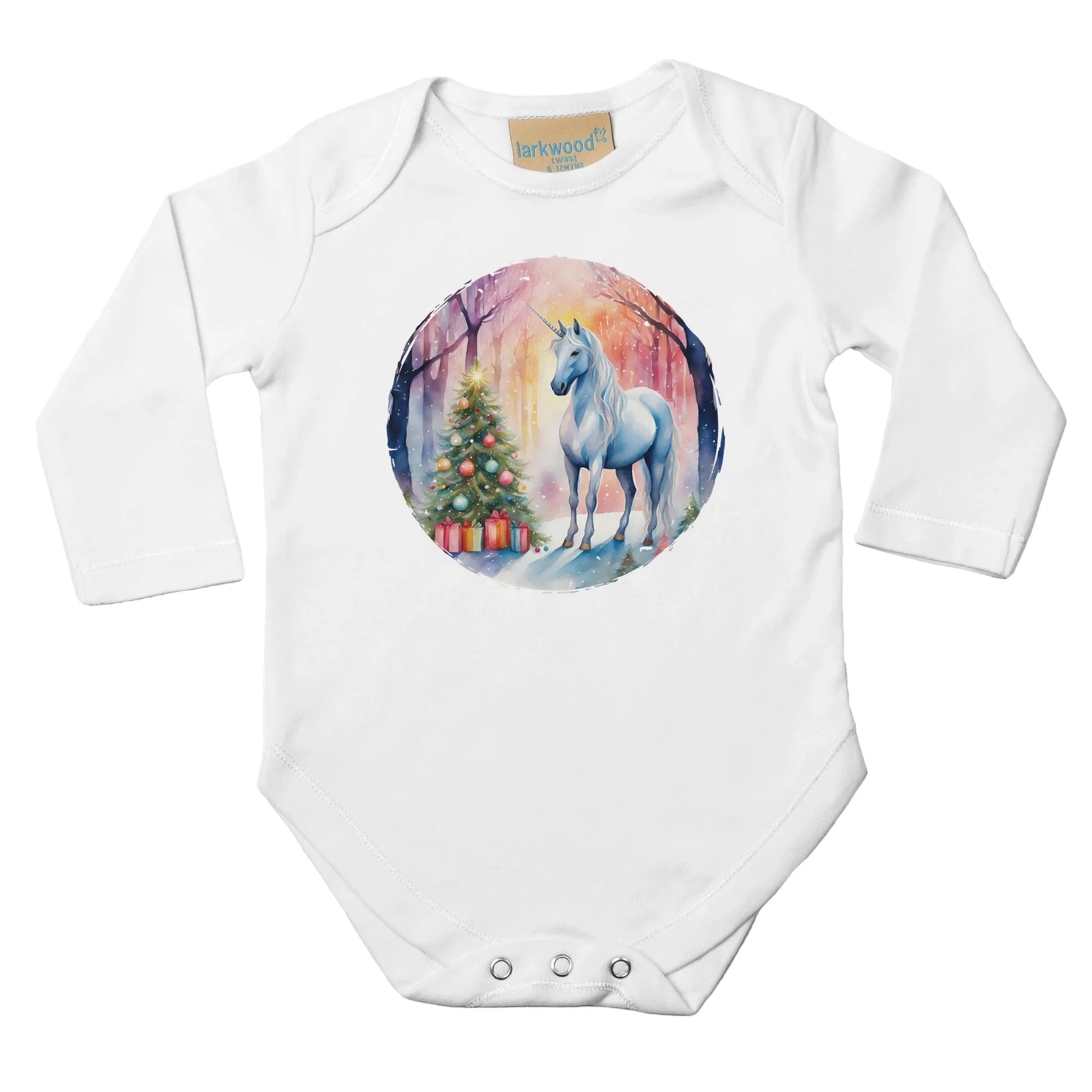 Baby Langarm Body für Weihnachten mit Mädchen Aufdruck - Christbaum und Einhorn - 100% Baumwolle - Größe bis 18 Monate bzw. 86 - Strampler Body mit Muster -
