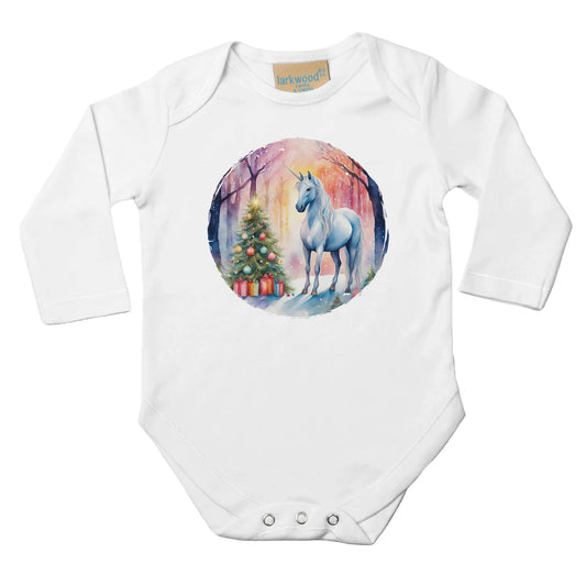 Baby Langarm Body für Weihnachten mit Mädchen Aufdruck - Christbaum und Einhorn - 100% Baumwolle - Größe bis 18 Monate bzw. 86 - Strampler Body mit Muster -