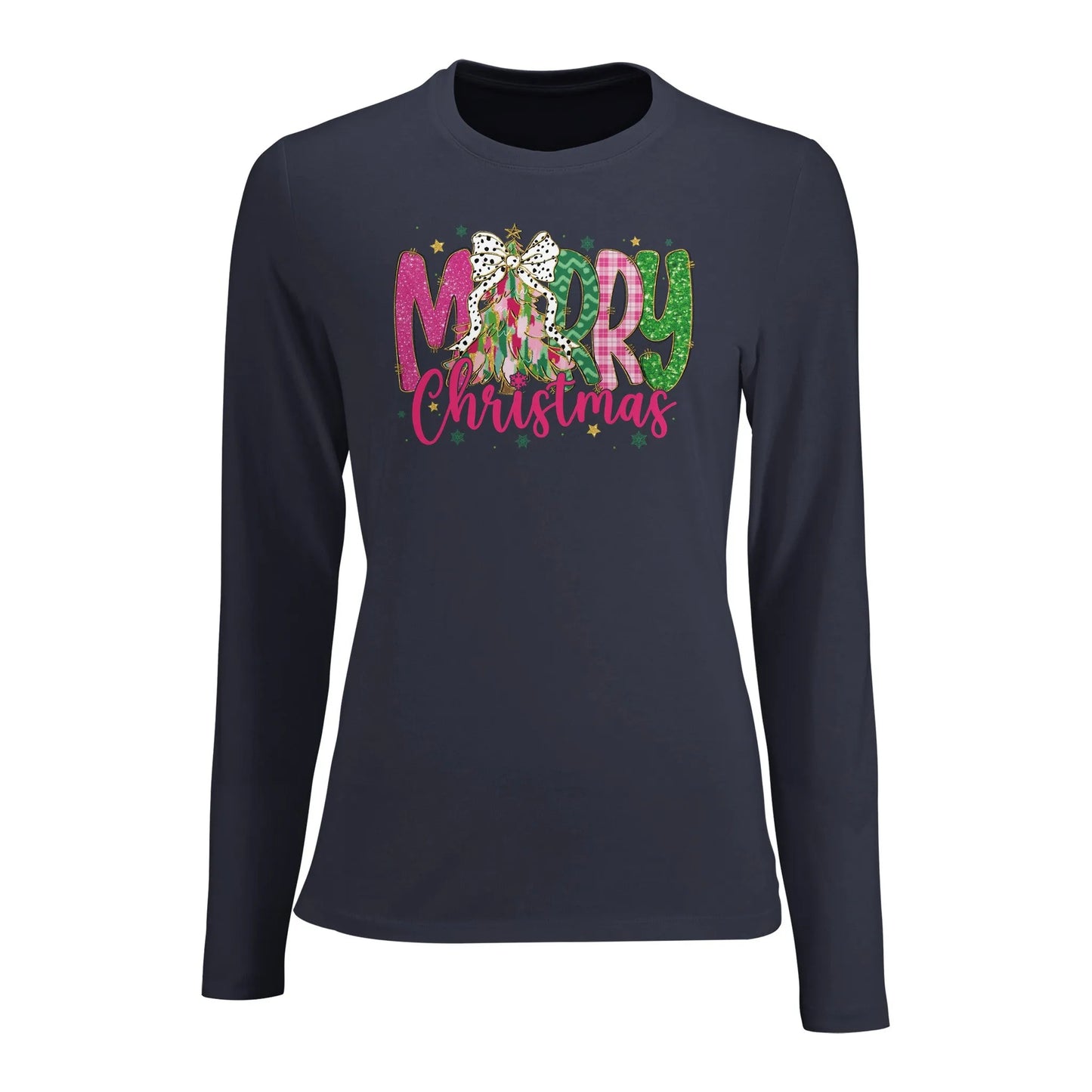 Tailliertes Damen Langarm-T-Shirt für Damen mit Merry Christmas Aufdruck - mit pink grün gold schwarz - mouse grey