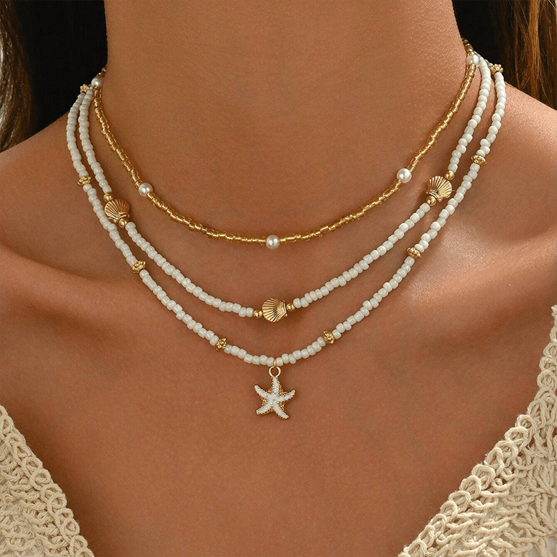3-teiliges Damen-Halsketten-Set mit Perlen, Muscheln & Seestern in Weiß und Gold – sommerlicher Maritimer Stil für viele schöne Anlässe
