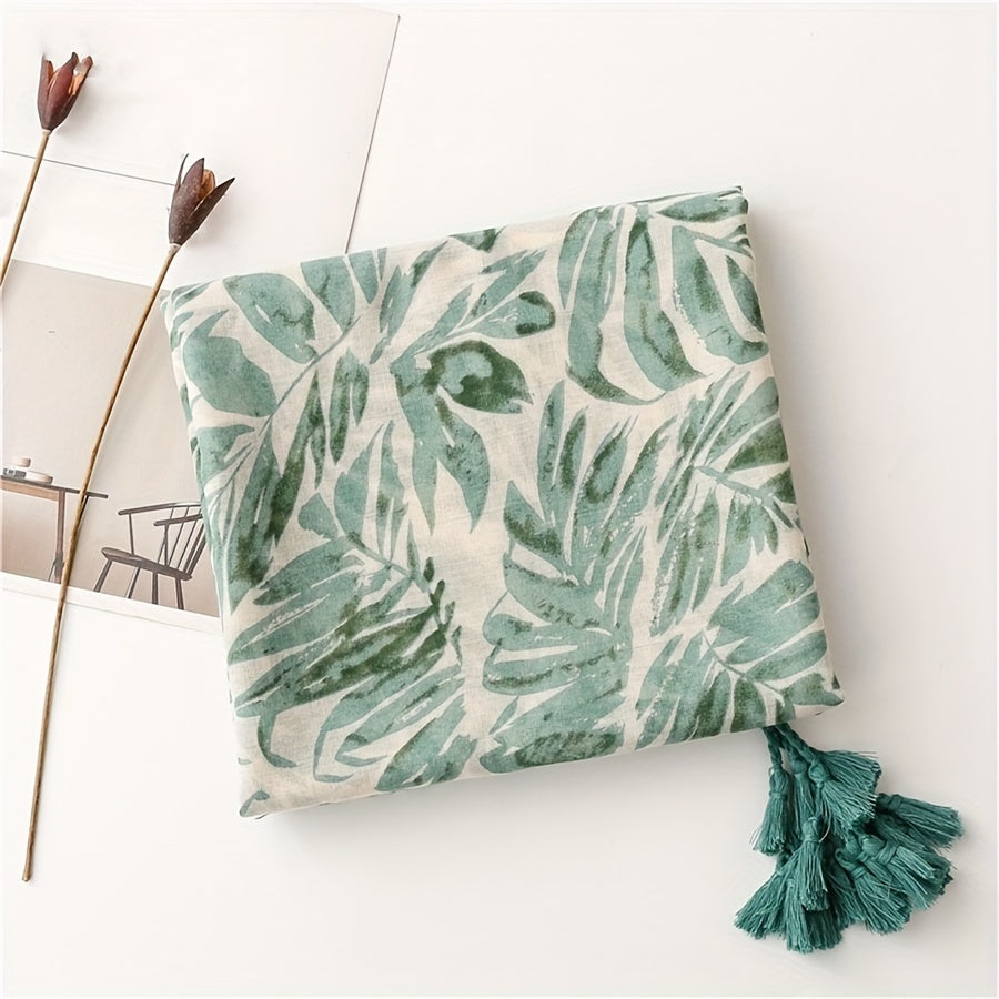 Großer Damen Schal mit bezauberndem Blättermotiv in hübschen Grün-Töne - 85 × 185 cm - mit Bananenblatt-Print in Mint/Petrol sowie pfiffige Fransen - 100 % Polyester
