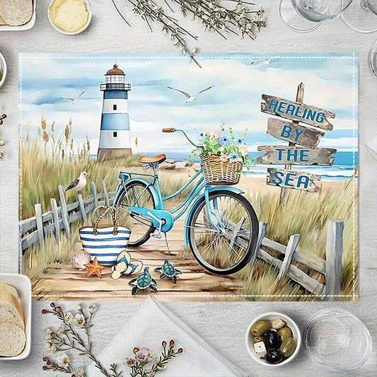 4er-Set Leinen-Tischmatten mit Strand, Leuchtturm und Vintage-Fahrrad - perfekt für den Sommer -