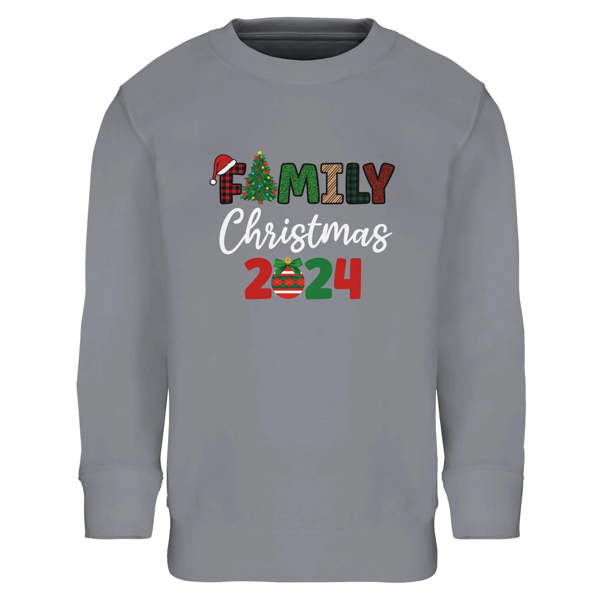 Unisex Kinder Sweatshirt mit Christbaum und Weihnachtskugel - Familiy Christmas 2024 - hübscher Print für Weihnachten und Winter - 4 bis 14 Jahre – in vielen Farben und Größen - Grey Melange