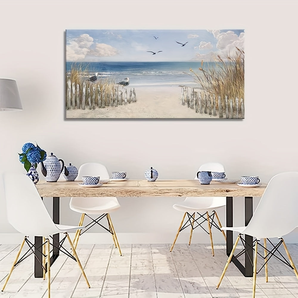 Maritimes, rahmenloses Sandstrand Leinwandposter mit ruhiger Meereslandschaft mit Dünen, Möwen & Himmel in Blau, Weiß und Beige - ohne Rahmen
