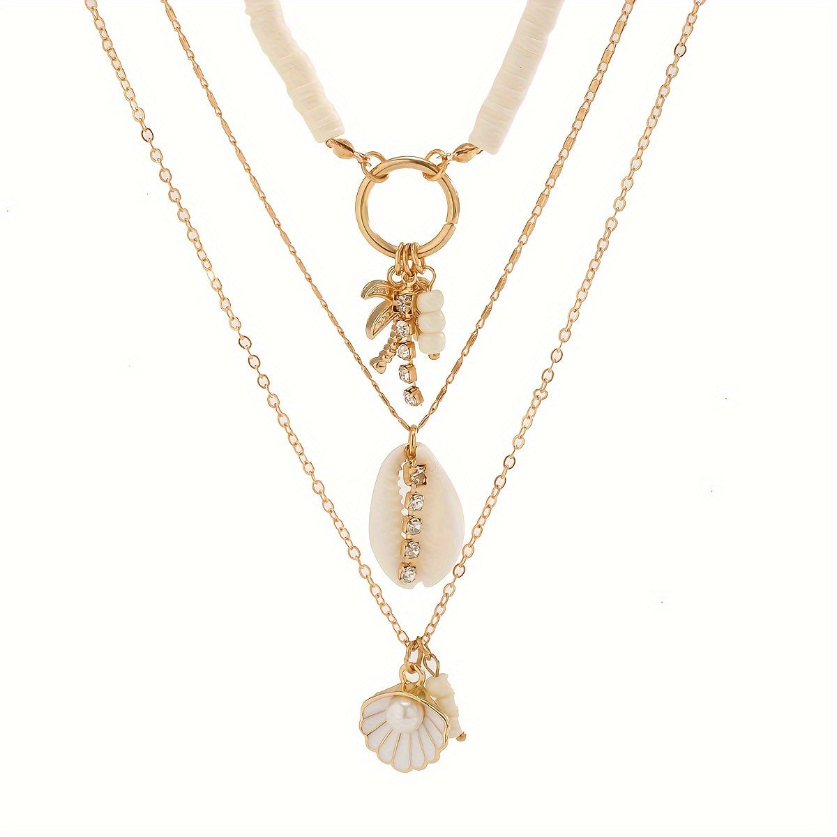 3er-Set Damen Boho Halsketten mit Muscheln, Palme und Perlen – sommerlicher Schmuck für Frauen mit Weiß- oder Türkisakzent