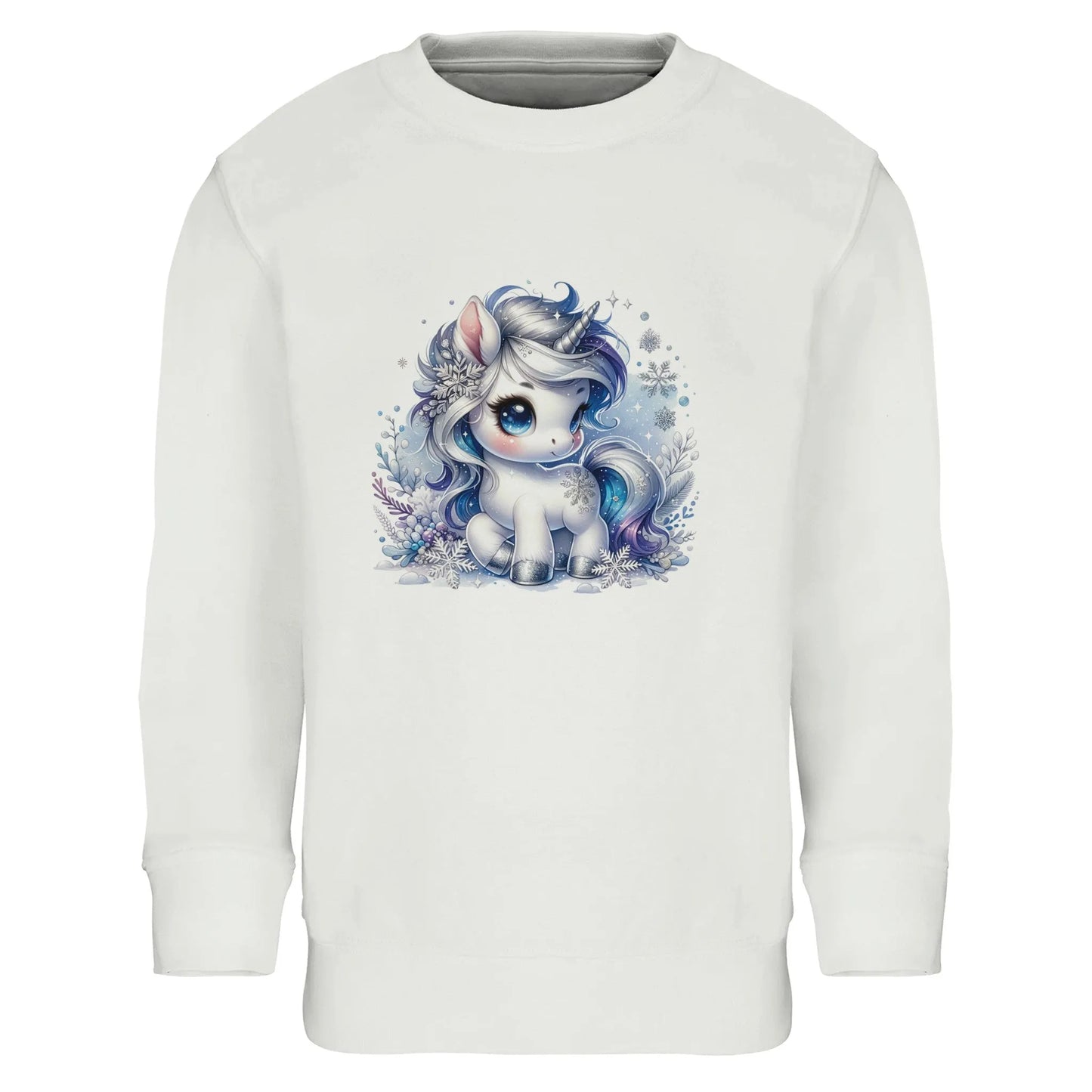 Kinder Sweatshirt mit Einhorn und Eisblumen - Unicorn Mädchen Aufdruck für Weihnachten und Winter - 4 bis 14 Jahre – in vielen Farben und Größen - Weiß
