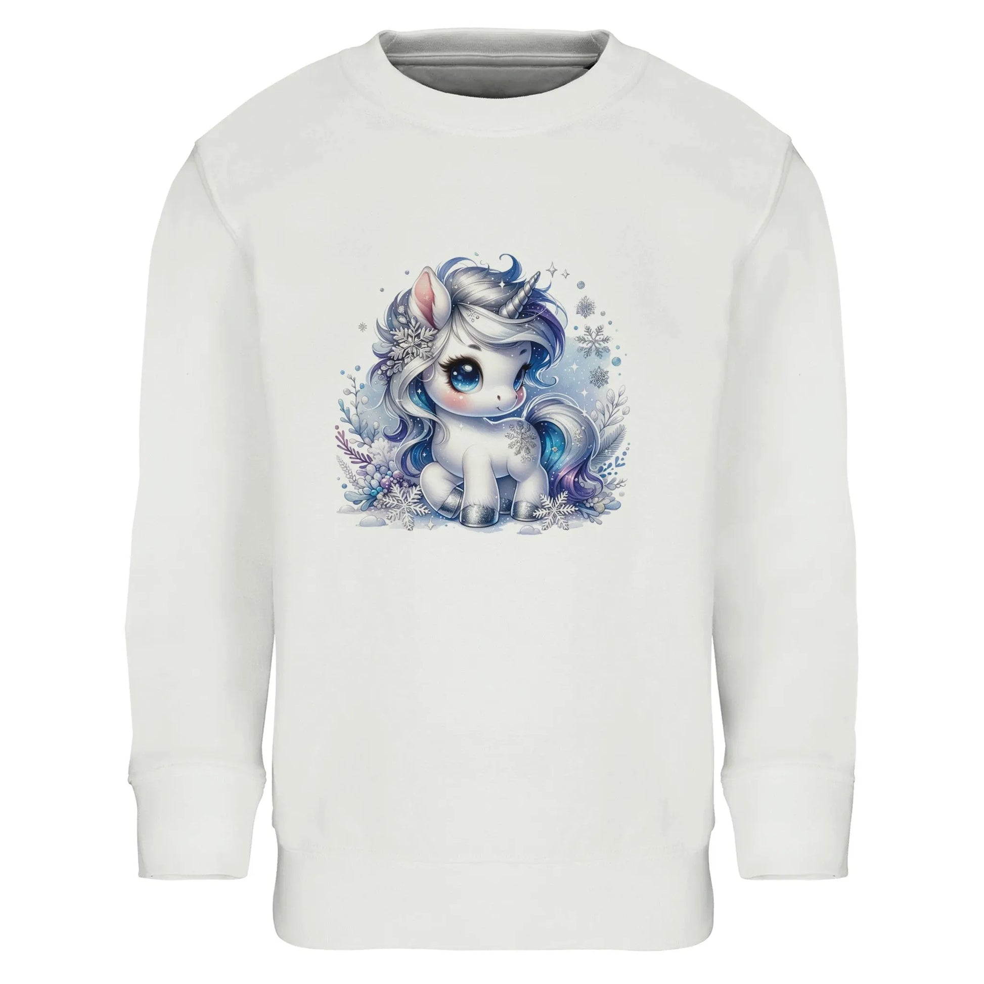 Kinder Sweatshirt mit Einhorn und Eisblumen - Unicorn Mädchen Aufdruck für Weihnachten und Winter - 4 bis 14 Jahre – in vielen Farben und Größen - Weiß