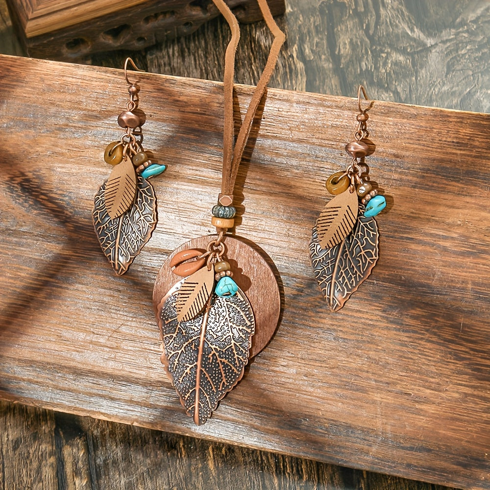 3-teiliges einzigartiges Boho Ethno-Schmuckset mit 1 Anhänger Kette sowie super dazupassende Ohrringe in Kaffee & Türkis - mit Blattanhänger auf Lederband sowie Tropfenohrringe