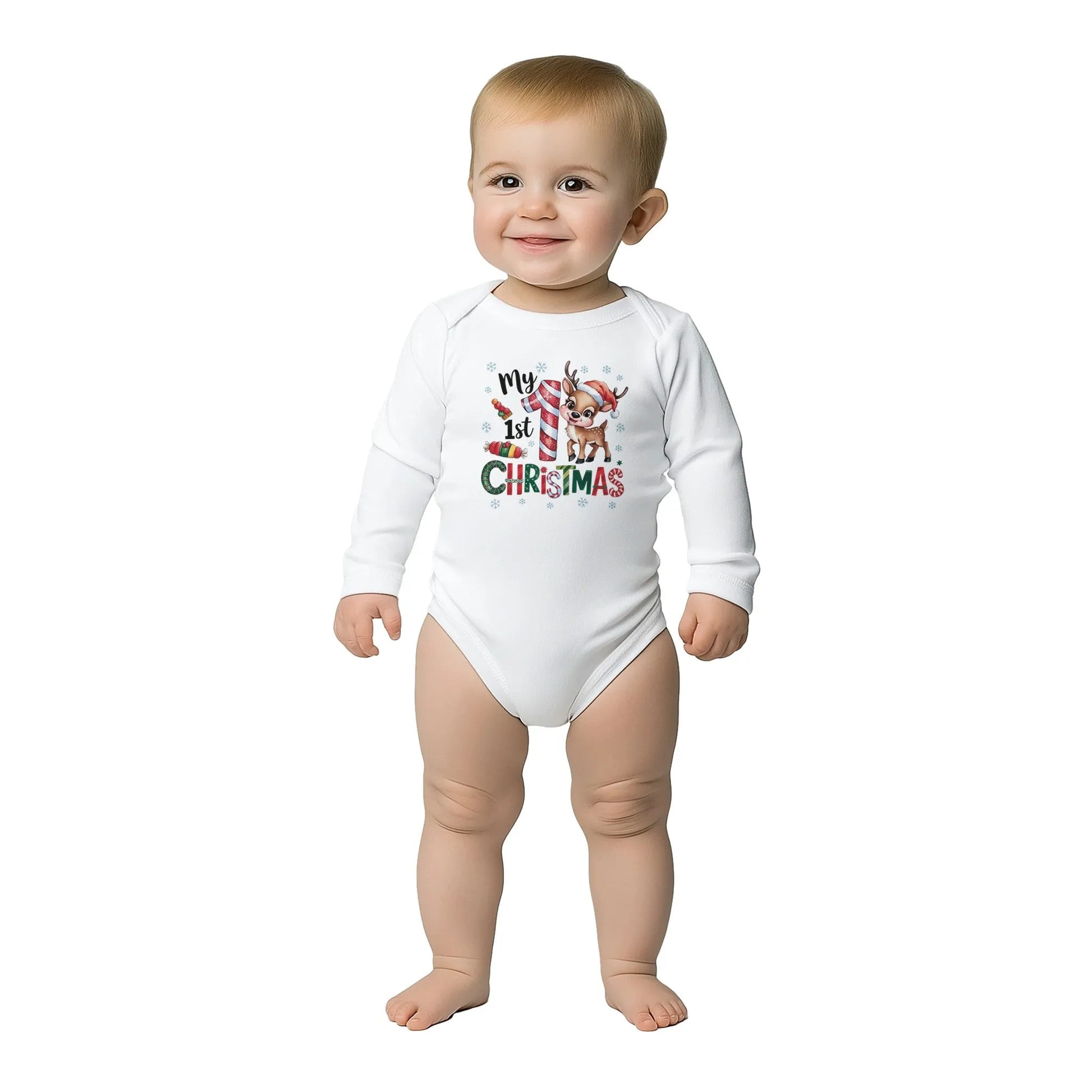 Baby Langarm Body für Weihnachten mit Aufdruck - My first Christmas mit Rentier - 100% Baumwolle - Größe bis 18 Monate bzw. 86 - Strampler Body mit Muster -