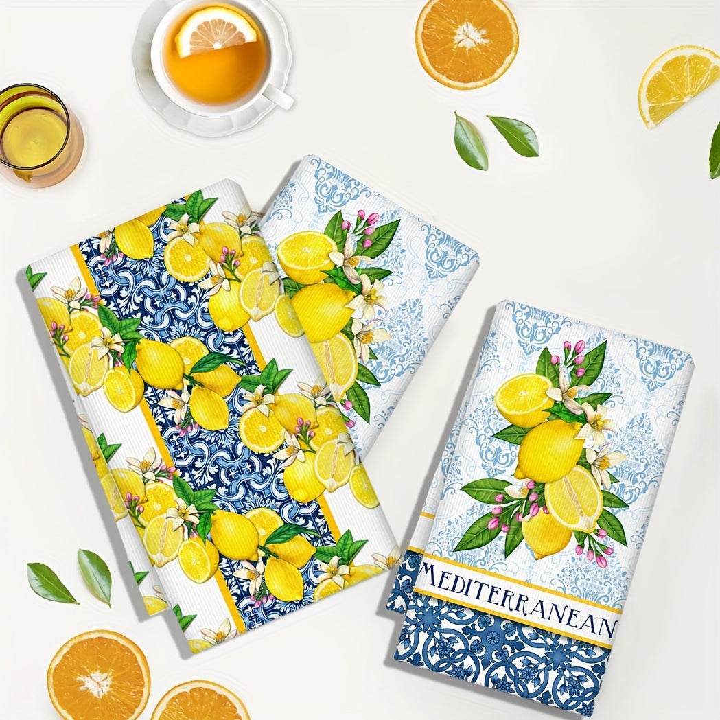happy-prints.eu - 2er-Pack Vintage Zitronen Küchentücher in blau & weiß – 100 % Mikrofaser, 70x45 cm, maschinenwaschbar