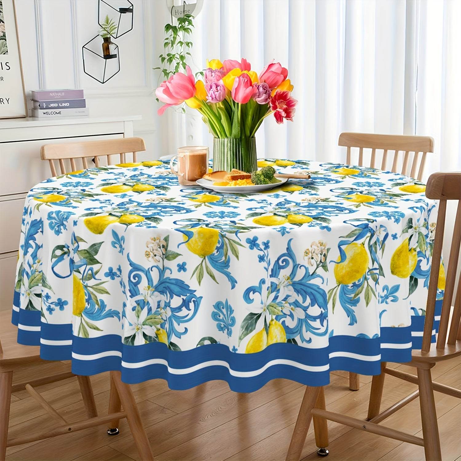 happy-prints.eu - Hübsche sommerliche Vintage Zitronen Blumen Tischdecke – rund oder rechteckig, maschinenwaschbar, 100 % Polyester