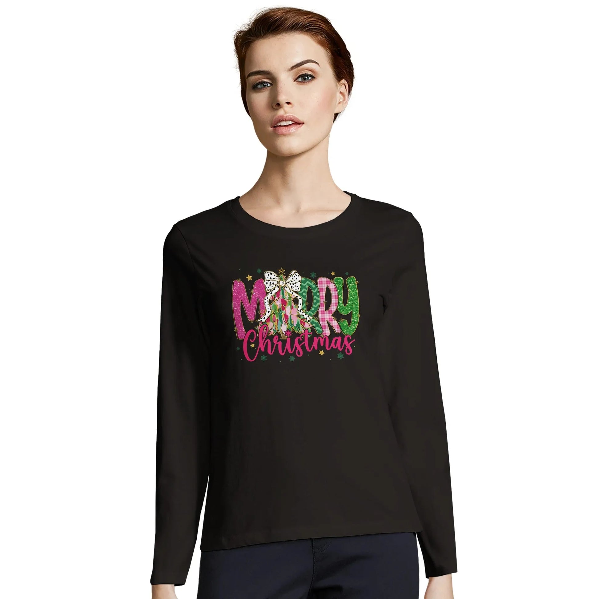 Tailliertes Damen Langarm-T-Shirt für Damen mit Merry Christmas Aufdruck - mit pink grün gold schwarz -